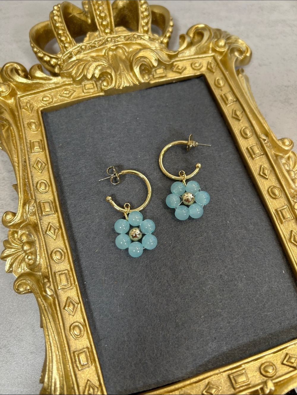 Gold Hoop Earrings with Aqua Glass Flower Beads — Women Jewelry